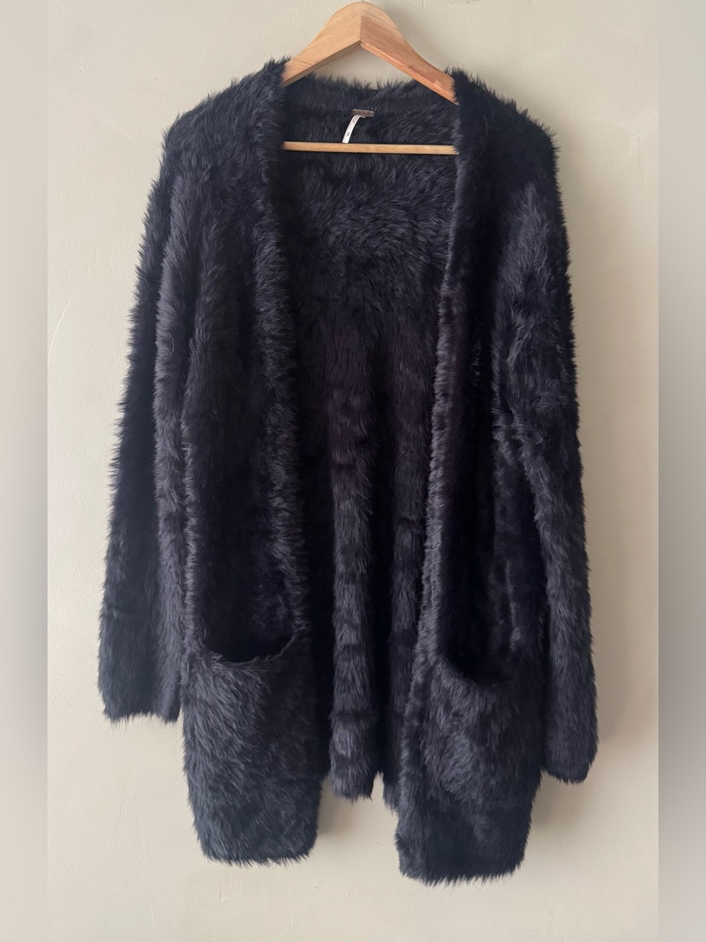 Free People Black Faux-Fur Open Front Cardigan with pockets
